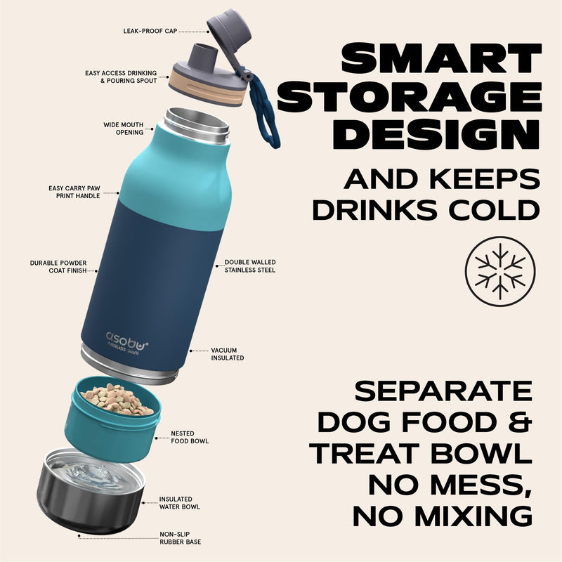 asobu Buddy Bottle a Stainless Steel Insulated Water Bottle for with Removable Dog Water Bowl and Dog Food and Treat Storage Bowl (Pastel Green, 34 Oz) - PawsPlanet Australia