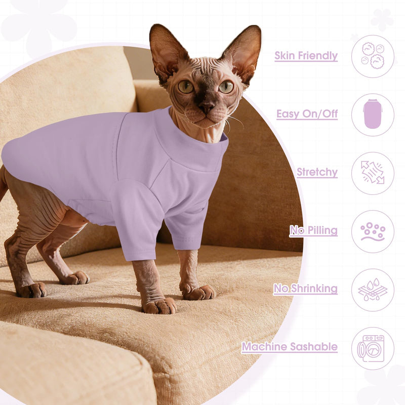 Sphynx Hairless Cat Clothes, Soft Cotton Pullover Turtleneck Shirt with Sleeves for Kitten Puppy Small Dogs, Cat Pajamas for All-Season - Purple XL X-Large - PawsPlanet Australia