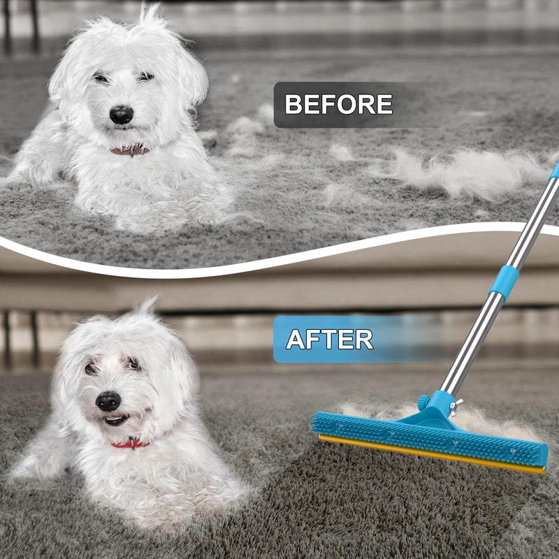 3 in 1 Carpet Rake for Pet Hair Removal, Reusable Pet Hair Remover Broom, 60'' Adjustable Long Handle Dog and Cat Hair Remover Tool Set of 3, Lint Remover Scraper for Carpets, Rugs, Mats, Couch, Car 60inch Blue - PawsPlanet Australia