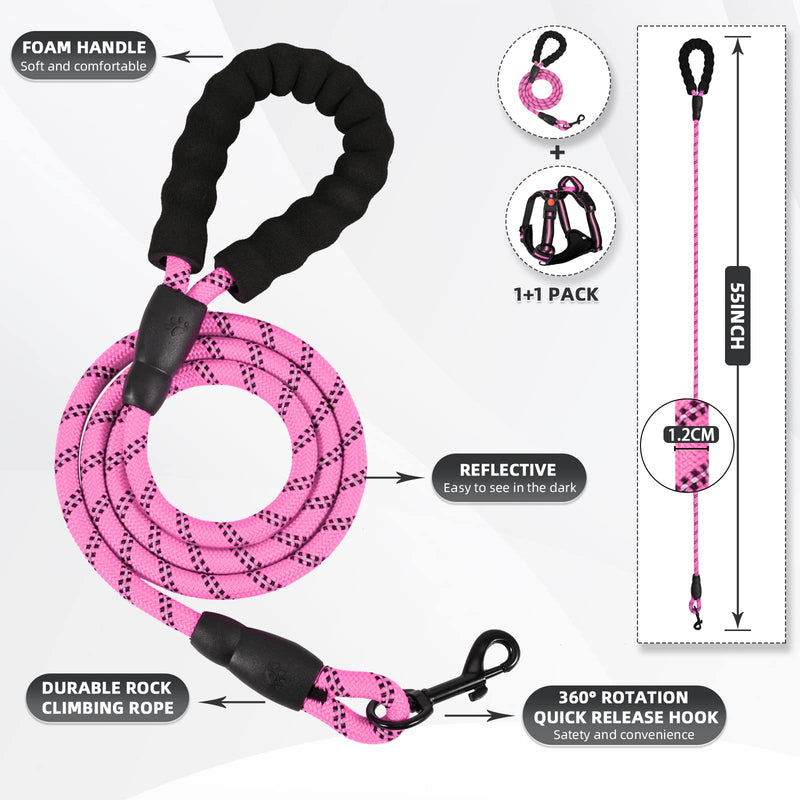 No Pull Dog Harness with A Free Heavy Duty 5ft Dog Leash, Adjustable Soft Padded Dog Vest, Reflective No-Choke Pet Oxford Vest with Easy Control Handle and Dog Leash for Dogs (Pink, Medium) Pink - PawsPlanet Australia