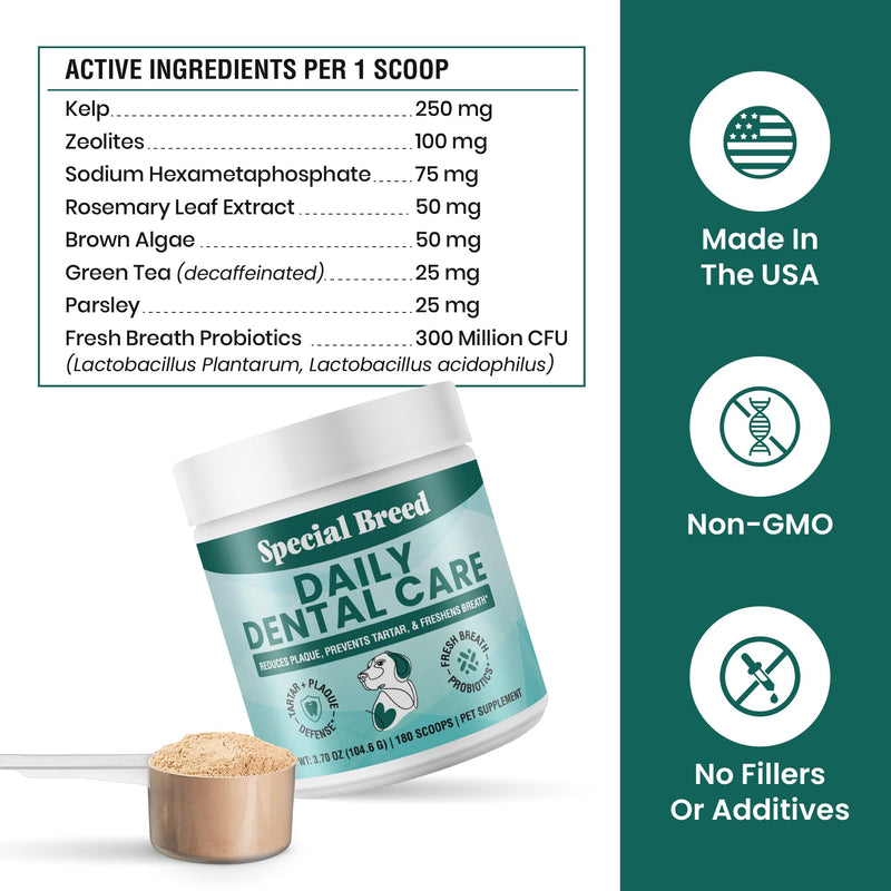 Dog Teeth Cleaning Powder – Natural Dog Dental Powder for Tartar Control, Fresh Breath & Gum Health – Daily Plaque Remover with Zeolite, Brown Algae, Probiotics & Rosemary – 180 Scoops 3.7 Ounce (Pack of 1)
