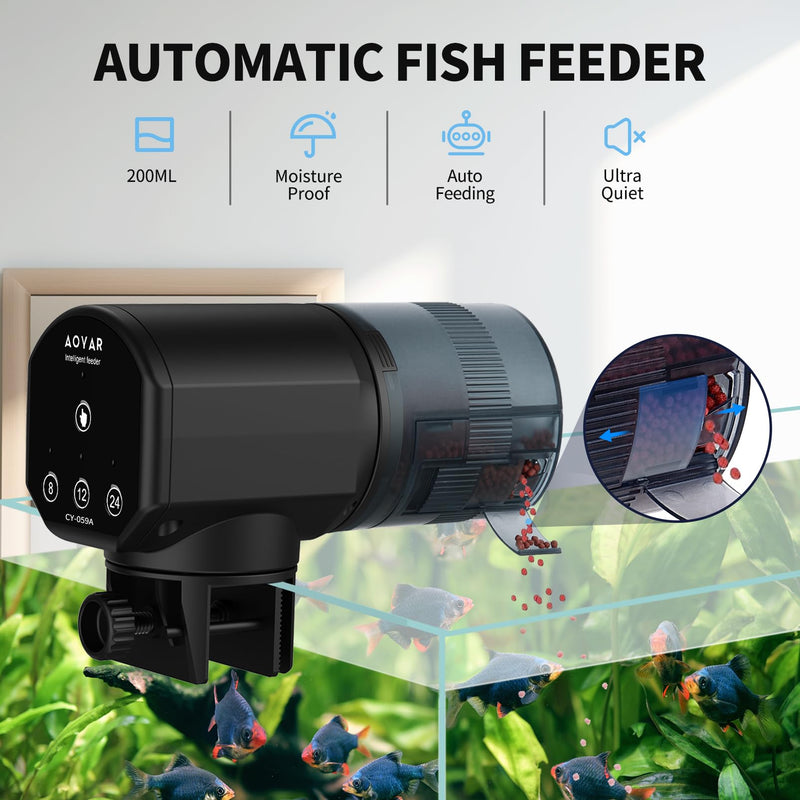 Automatic Fish Feeder Dispenser for Aquarium: 200ml Large Capacity Auto Feeders for Small Tank Turtle Betta Koi - Battery Food Feeding Timer for Flakes Pellet Vacation Weekend Day Battery Powered Design - PawsPlanet Australia
