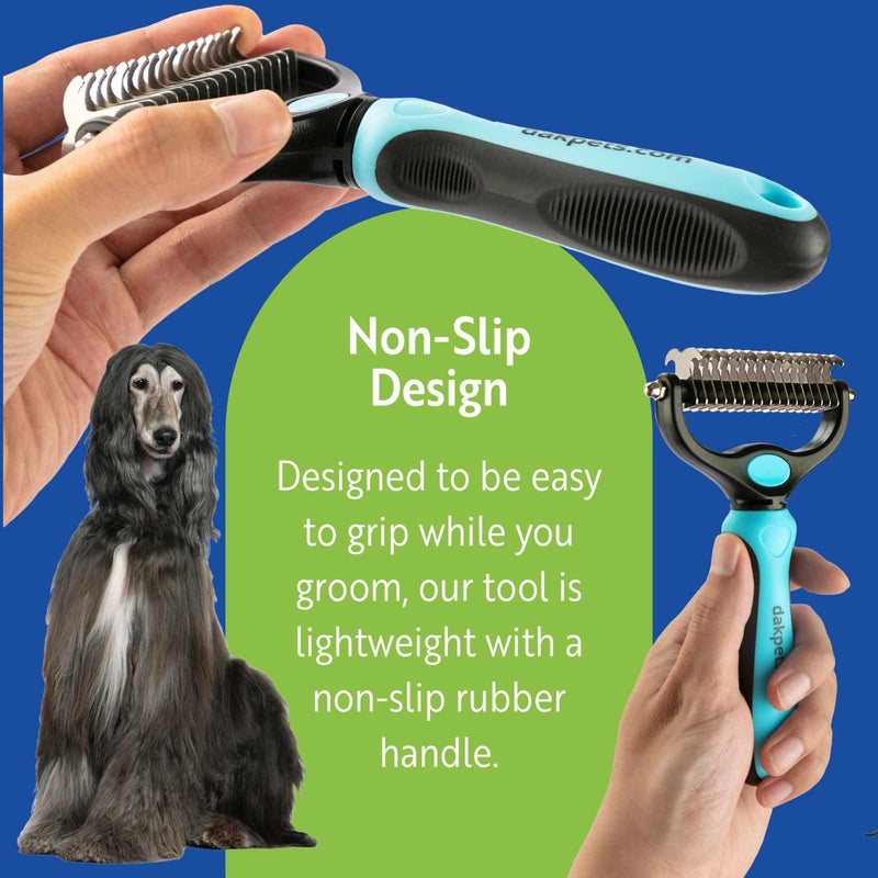 DakPets Pet Grooming Brush. Extra Wide, Double Sided Dematting Undercoat Rake for Dogs and Cats. Reduce Dog and Cat Shedding by 95%, Blue