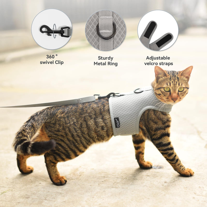 Cat Harness and Leash Escape Proof Breathable Mesh Fabric Adjustable Padded Stylish Cat Harness Solid Grey L Grey (mesh fabric) L 8-12LBS