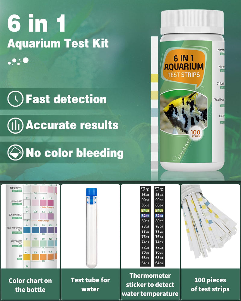 Pawfly 6 in 1 Aquarium Test Strips, 100 Strips Fish Tank Testing Strips for pH Chlorine Nitrate Nitrite Carbonate and Hardness Water Quality Freshwater Saltwater Test Kits