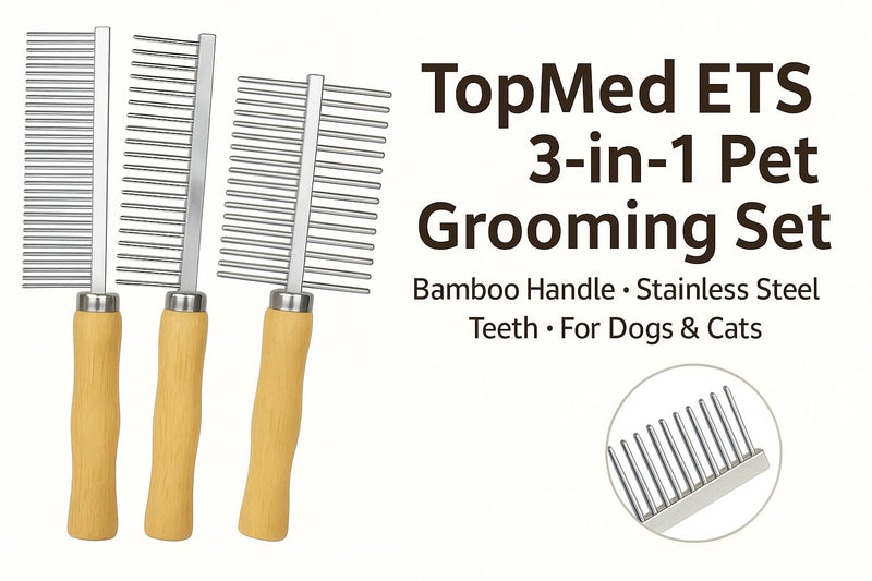 TopMed ETS Set of 3 Stainless Steel Pet Hair Comb, Wooden Handle of Bamboo Proven Grooming Tools Kit for Dogs Cats and Other Animals
