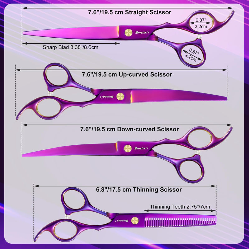 Professional Dog Grooming Scissors Set - 6.5" Thinning, 7" Straight, 7" Up-Curved, 7" Down-curved Scissors and Comb for Dog Cat Pet (Purple) Purple - PawsPlanet Australia
