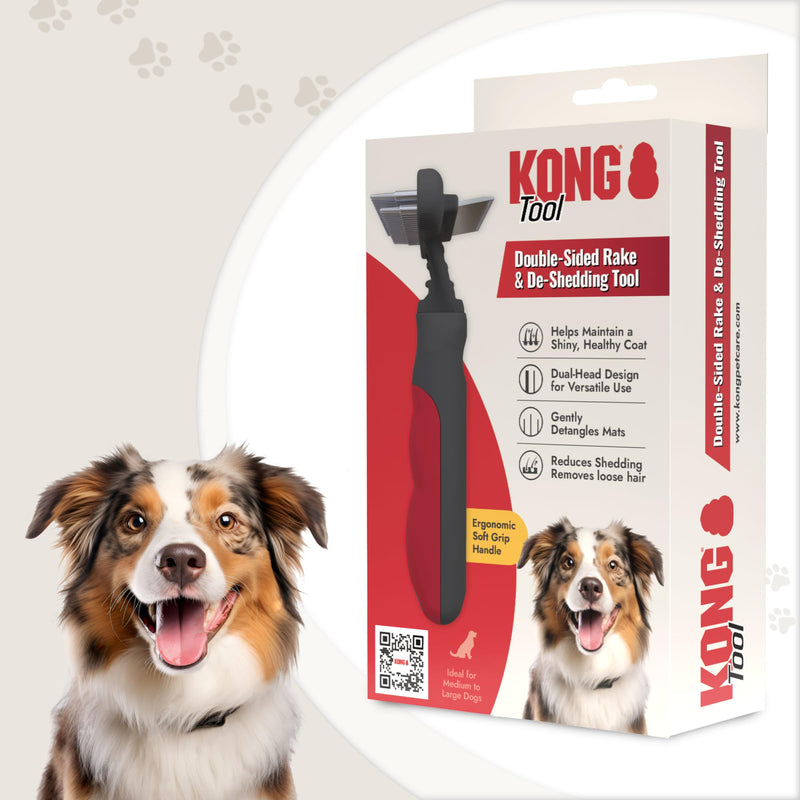 KONG Double-Sided Rake & Deshedding Tool – Detangling & Shedding Control, Rounded Metal Tips, Non-Slip Grip, for Medium to Large Dogs with Medium to Long Coats, Red/Gray - PawsPlanet Australia