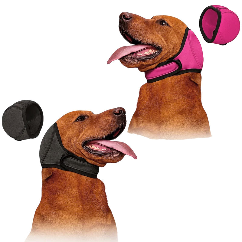 2 Pcs Dog Ear Defenders, Adjustable Dog Ear Protectors, Noise Protection Comfortable Quiet Dogs Calming Hood Ear Head Wrap Cups for Bath Grooming Thunder Fireworks (Grey Rose Red, L)