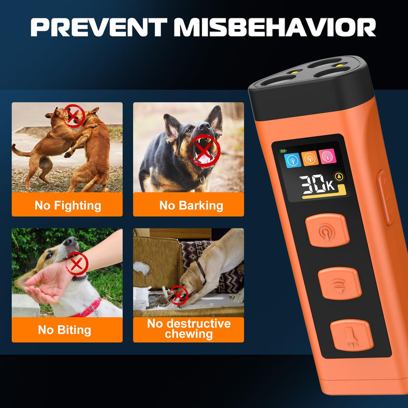 Dog Bark Deterrent Device, Color Display 2000 mAh Rechargeable Ultrasonic Anti-Barking Trainer with 4 Frequency Settings 25/30/40/55 kHz, 65ft Long-Range, Safe & Effective Alternative to Bark Collars 1 Pack Orange - PawsPlanet Australia