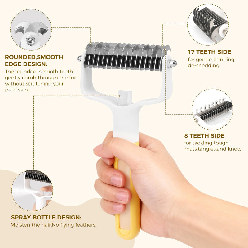 Undercoat Rake for Dogs & Cats, Double-Sided Deshedding Dematting Tool with Spray Bottle, Extra-Wide Dog Brush for Shedding, Reduce Flying Hair, Effectively Remove Tangles, Knots and Mats