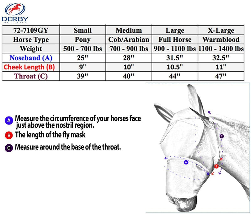 Derby Originals Reflective Fly Mask with One Year Warranty - with Ears and Nose Cover Large (Full/Average) Grey - PawsPlanet Australia