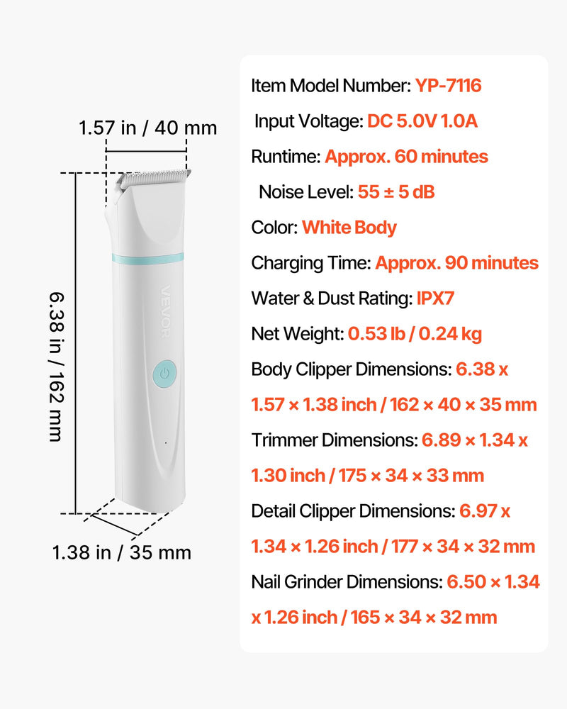 VEVOR Dog Clippers for Grooming, 4 in 1 Dog Grooming Kit, Low Noise, Rechargeable Pet Shaver with 6 Combs & 4 Detachable Blades, Waterproof Cordless Pet Hair Trimmers Nail Grinder Set for Dogs Cats