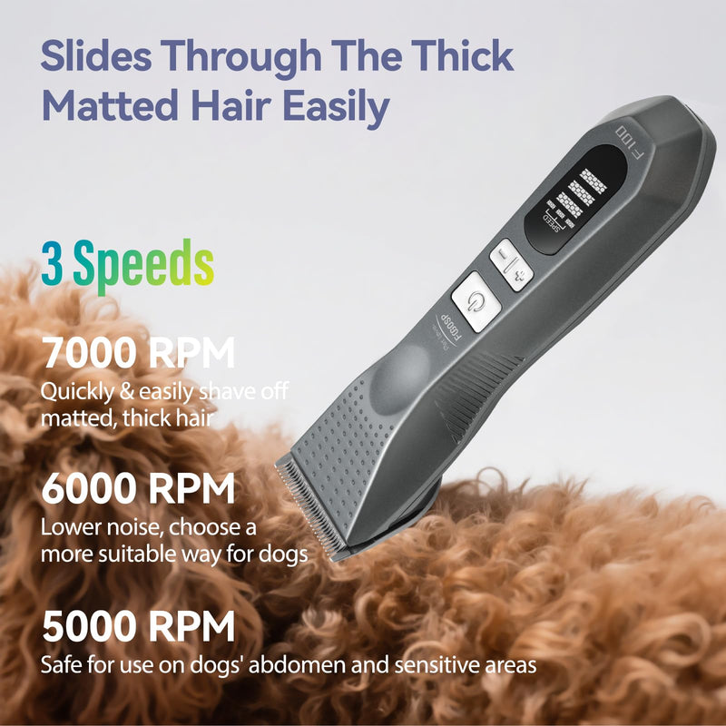 Cordless Dog Grooming Clippers More Than 12H Run Time 3-Speed Professional Pet Clippers for Grooming Heavy Duty Thick Hair Detachable Carbonized Steel Blade Low Noise Clippers + 10F Blade