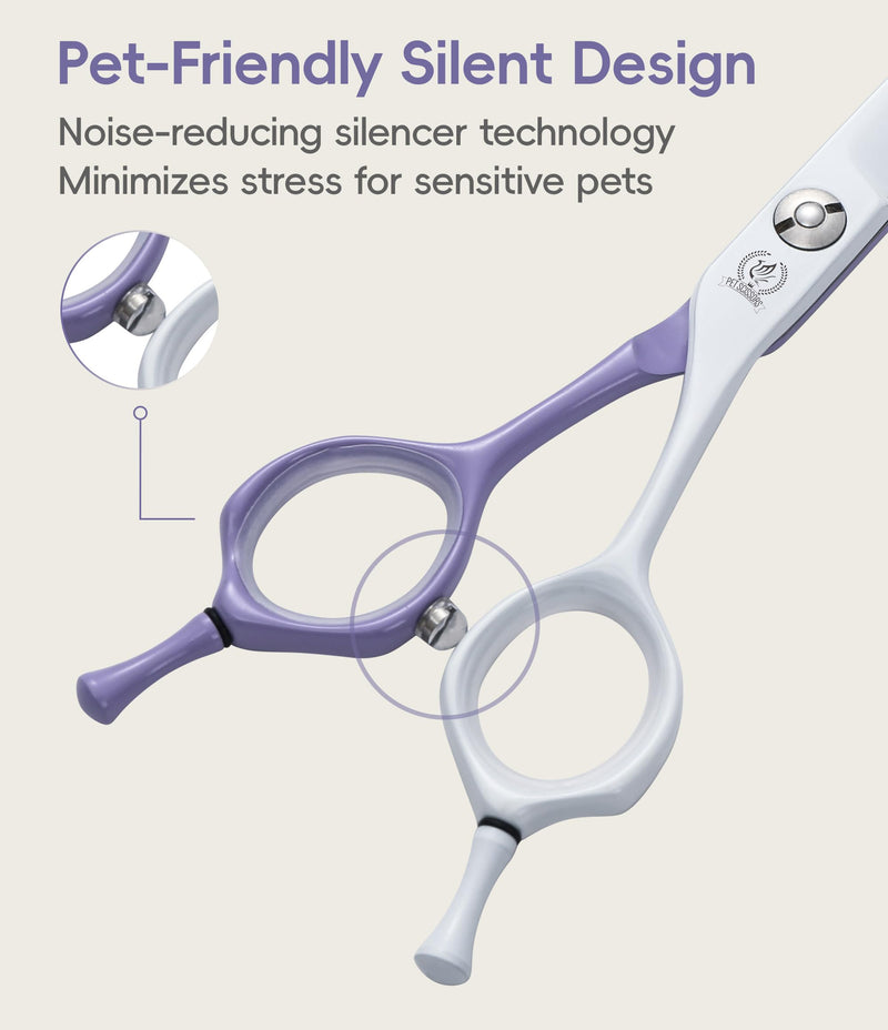 Fenice Peak 7" Curved Dog Grooming Scissors, Japanese 440C Stainless Steel, Professional Handcrafted Precision Cat Trimming Shears for Face, Body, Paws, Violet-White 7"Curved - PawsPlanet Australia
