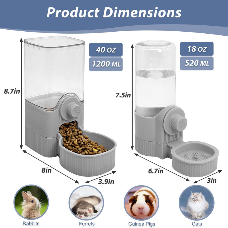Fhiny Rabbit Food & Water Dispenser, Large Capacity Gravity Guinea Pig Feeder and Waterer Set Hanging Automatic Bunny Feeder for Cage for Bunny Guinea Pig Chinchilla Ferret Cat Puppy Grey Food + Water - PawsPlanet Australia
