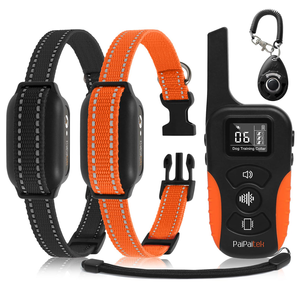 PaiPaitek Dog Vibration Collar with Controller for 2 Dogs No Shock, 9 Types of Beeps and Vibrations, 3300ft Range & Upgraded Waterproof Training Collar for Dogs 5-120lbs - No Prongs PD519V2-OR