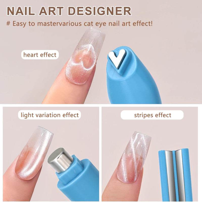 3 In 1 Cat Eye Nail Magnet Tools, Heart & Round Designs Multifunctional Magnetic Stick, Cat Eye Gel Polish Heart Nail Magnets for Nails Accessory for Home DIY, Salon & Studio (Blue) Blue - PawsPlanet Australia