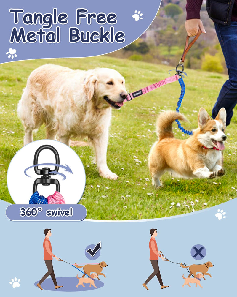 Vastar Pet Double Dog Leash, Tangle Free Bungee Dog Leash Coupler, 360° Swivel Double Dog Walking & Training Leash, Adjustable Strap, Comfortable Shock Absorbing Reflective Bungee Lead for Two Dogs Blue+Pink