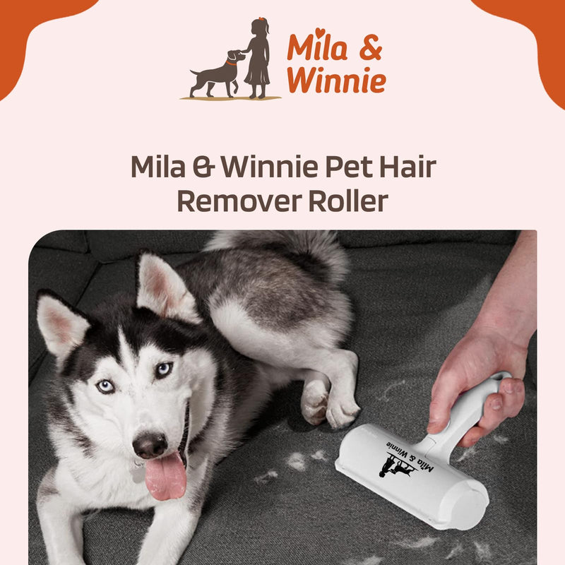 Mila & Winnie Pet Hair Remover Roller - Heavy Duty Reusable Lint Roller with Spacious Dustpan for Dog, Cat, Rabbit - Fur Remover Tool for Sofa, Carpet, Furniture, Car - White - PawsPlanet Australia
