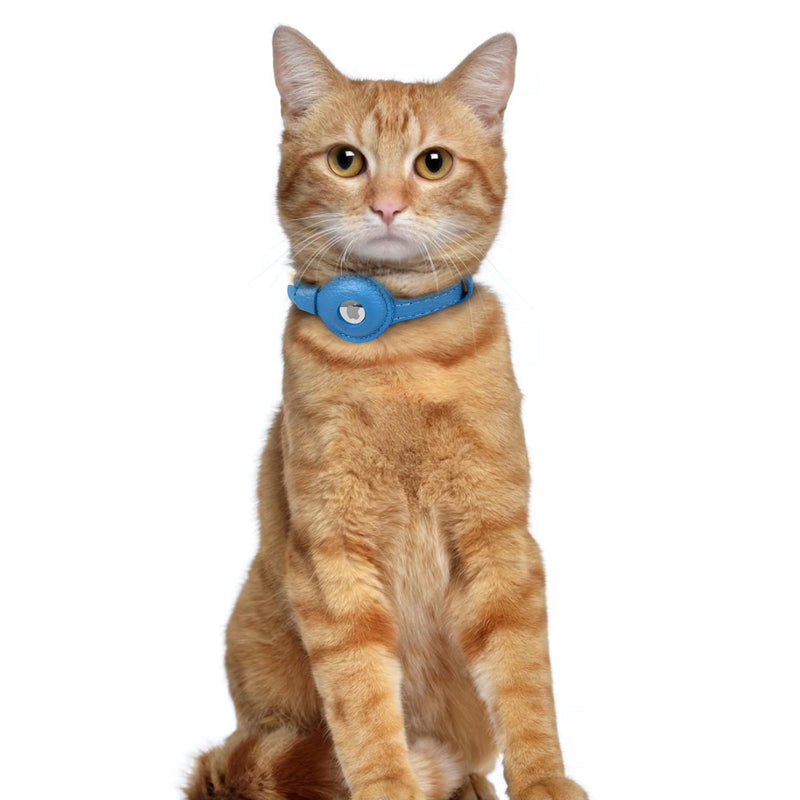 OOPSDOGGY Leather AirTag Cat Collar with Bell - Non Breakaway Kitten Collar with Apple Air Tag Holder - Lightweight GPS Pet Collars for Girl Boy Cats, Small Dogs, Puppies (Blue) Blue - PawsPlanet Australia