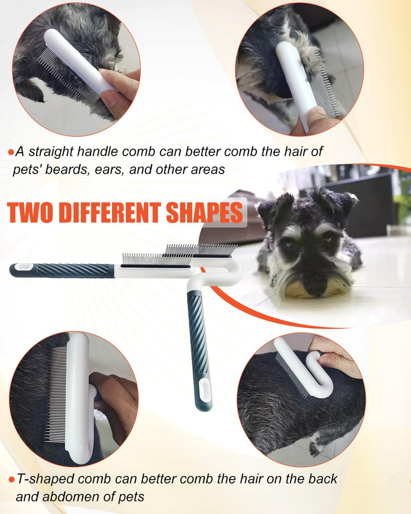 2 PCS Pet Comb with Long & Short Stainless Steel Teeth,Flea and Tick Comb for Dogs & Cats,Pet Grooming Brush for Short&Long Hair,2 different shapes with Rubber Handle - PawsPlanet Australia