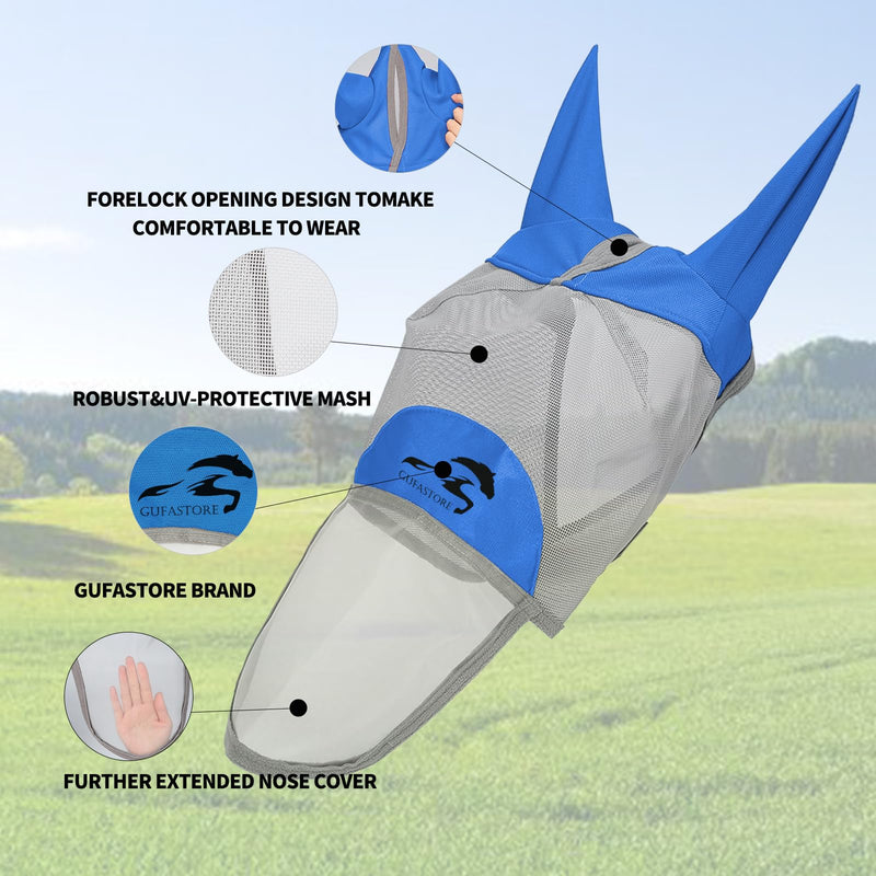 Horse Fly Mask Cold-Proof with Long Nose and Ears,Blue,Small Size Small Blue - PawsPlanet Australia