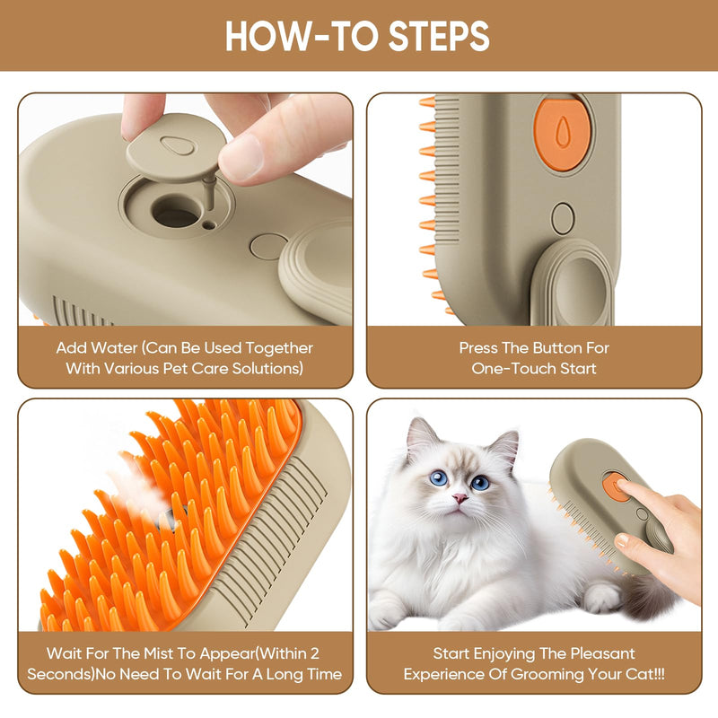 Cat Steam Brush for shedding–4 in 1 Self-Cleaning Comb for Long and Short Hair Cats and Dogs, Steam Pet Brush for Hair Removal, Vibrating Message, Grooming & Relaxation (Khaki) Khaki - PawsPlanet Australia