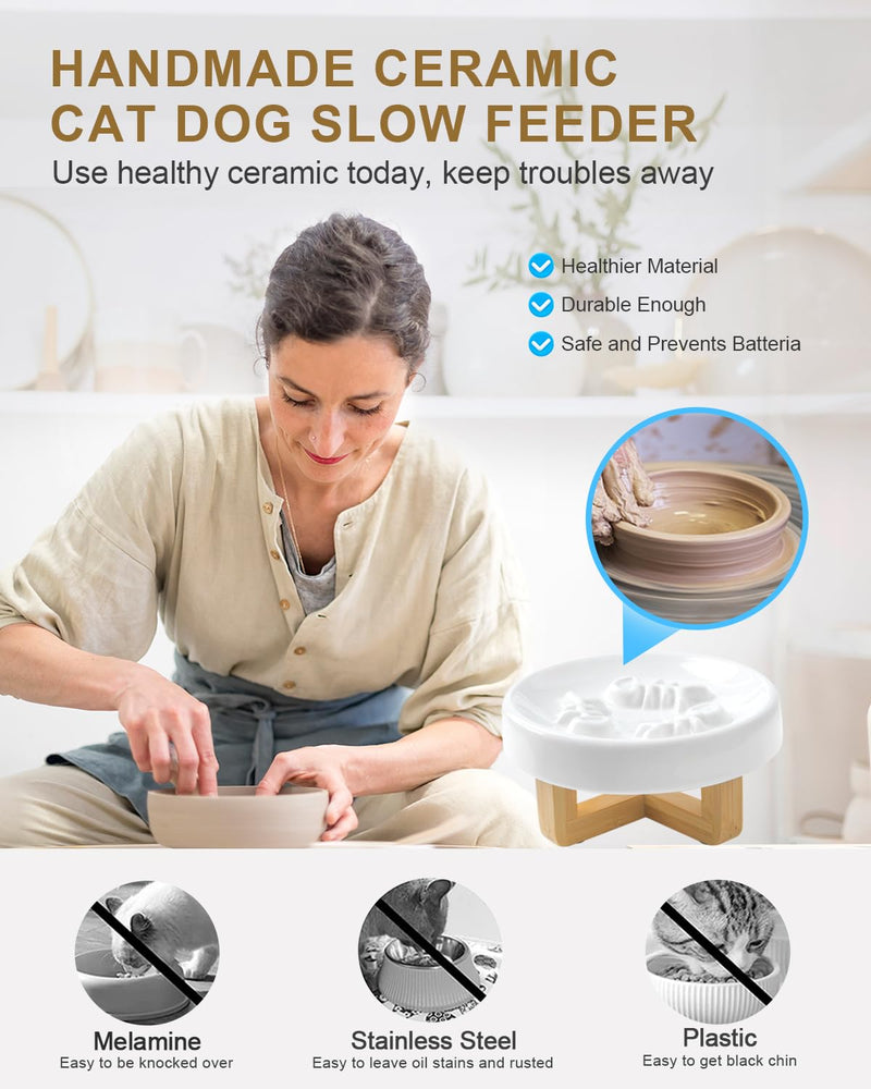 Ceramic Cat Dog Feeder, Slow Feed Bowl with Stand, 2.5'' High, 5.2'' Wide, Whisker Friendly, Easy to Clean, for Cats and Small Dogs Small Fish Bone-White - PawsPlanet Australia
