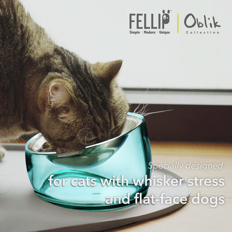 Felli Pet Oblik Anti Whisker Fatigue Cat Bowl Raised Stainless Steel Angled Wide Shallow Dish for Dry Wet Food, Vomit & Spill Proof Tilted Elevated Feeder Acrylic Base (0.5Cup, Classic) 0.5 Cups Shallow Dish