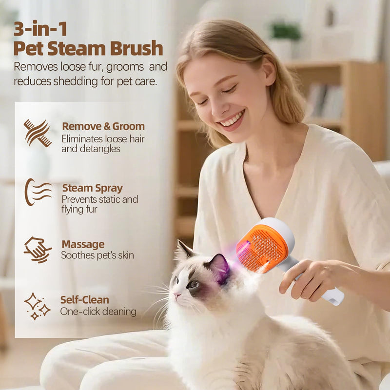 Steam Cat Brush, 3-in-1 Self-Cleaning Pet Steam Brush for Hair Remover & Massage. Cat brushes for Short & Long Haired Cats, Dog Brushes for Grooming & Shedding, Prevents Static, Cool Mist Only