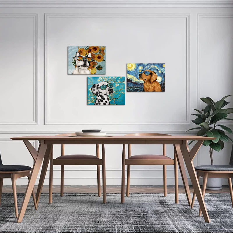 Visual Art Decor Creative Dog Picture for Wall Decor Van Gogh Starry Night Sunflower Sunflower Painting Prints in Dog's Sunglasses Bulldog Dalmatian Golden Retriever Poster for Living Room Pet Club