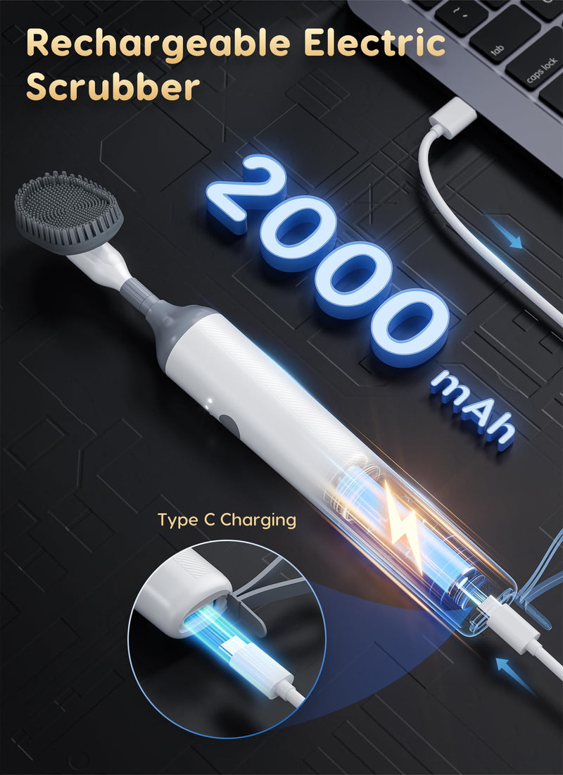 3-in-1 Reciprocating Deep-Clean Brush - Hard, V-Shaped & Soft Silicone Brush Heads for All Surfaces, 3-Speed with LED Light for Grout, Delicate Glass, Kitchen, Bathroom, Car & Pet Areas