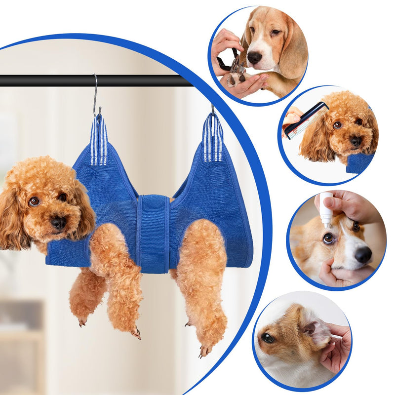 Upgraded Pet Grooming Hammock, Dog Grooming Harness Kit with Adjustable Velcro, Grooming Kit for Dog Cat Bathing, Grooming, Nail Trimming, Claw Care (Blue, S) Blue