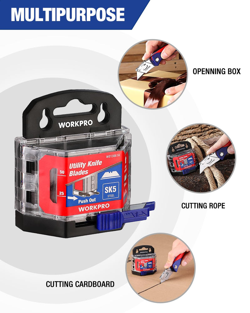 WORKPRO 50-Pack Utility Knife Blades with Dispenser, SK5 Steel Box Cutter, Standard Blades for Utility Knife Replacement 50 Pack - PawsPlanet Australia