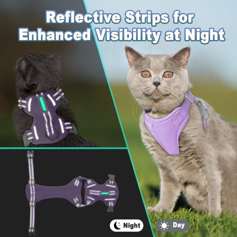 Cat Harness and Leash Set Escape Proof for Kitten Walking, Soft Adjustable Top Handle Vest Harnesses for Cats, Easy Control Breathable Reflective Small Medium Large, Violet Purple, M - PawsPlanet Australia