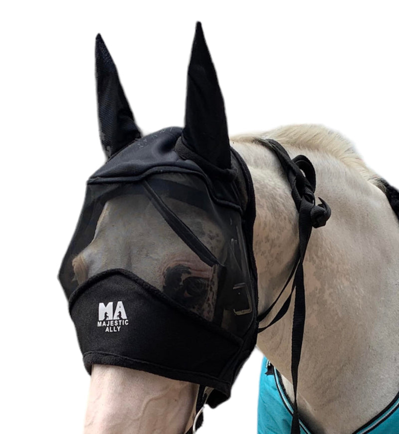 Majestic Ally Horse Fly Mask with Ears, Comfort Durable Fine Mesh, Soft Fleece Touch on Skin, Protect Eyes and Ears (Black) Black - PawsPlanet Australia