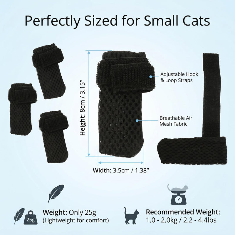 Pack of 4 Black Adjustable Cat Mesh Shoes, Breathable Paw Protection, Pet Shoes - Suitable as Anti-Scratch Boots for Bathing & Nail Care (Size S)