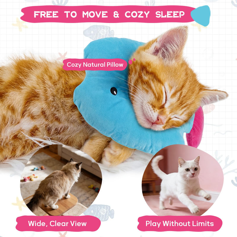 Cat Cone Collar Soft, Adjustable Cat Recovery Collar After Surgery, Pet Pillow Cone, Anti-Lick Wound Healing Elizabethan Collar for Kittens, Cute Fish S Small Blue