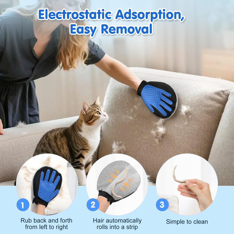 Pawaboo Pet Hair Removal Glove, Dual-Side Electrostatic Hair Removal & Silicone Fur Brush for Dogs and Cats, Reusable Five-Finger Pet Fur Grooming Glove for Couch Carpet Clothes Laundry, Blue & Grey Blue Gray 1 Pack