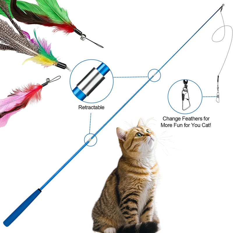 12PCS Interactive Cat Toys, Retractable Cat Toy Wand and Feather Toys Refills, Cat Toys for Indoor Cats to to Chase and Exercise, Replacement Teaser with Bell, Durable and Safety Feathers for Kitten - PawsPlanet Australia