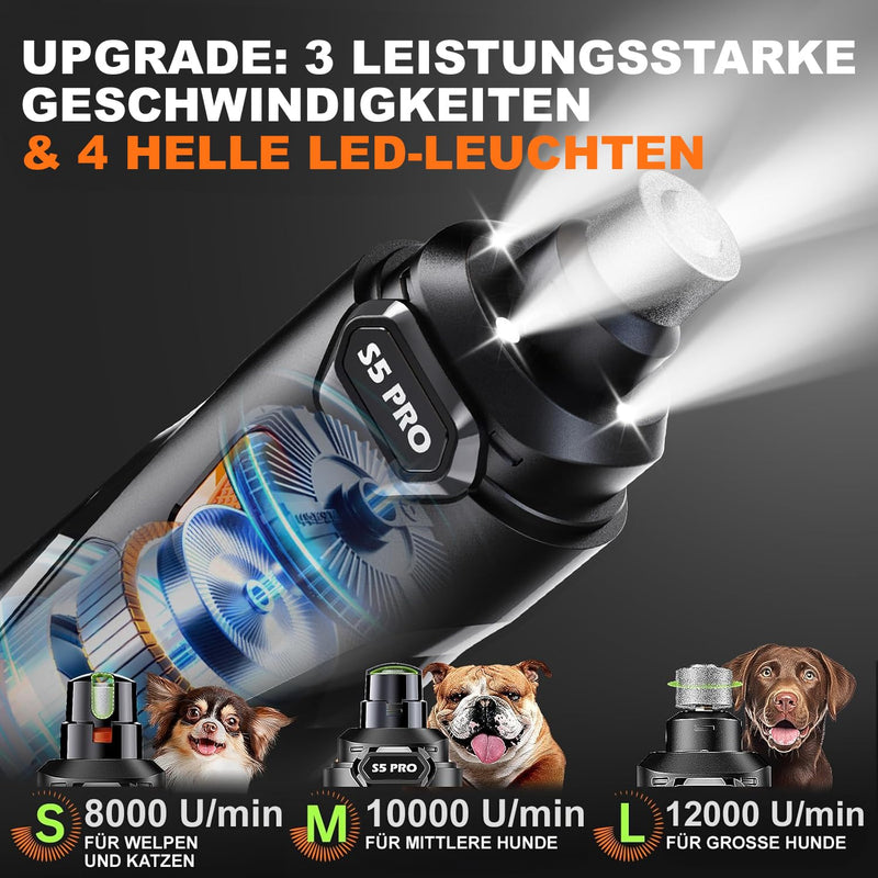 Whisper Quiet Electric Dog Nail Grinder with LED Light - Professional 3-Speed Pet Nail Trimmer for Stress-Free Grooming - Painless Paws Care for All Breeds, USB Rechargeable