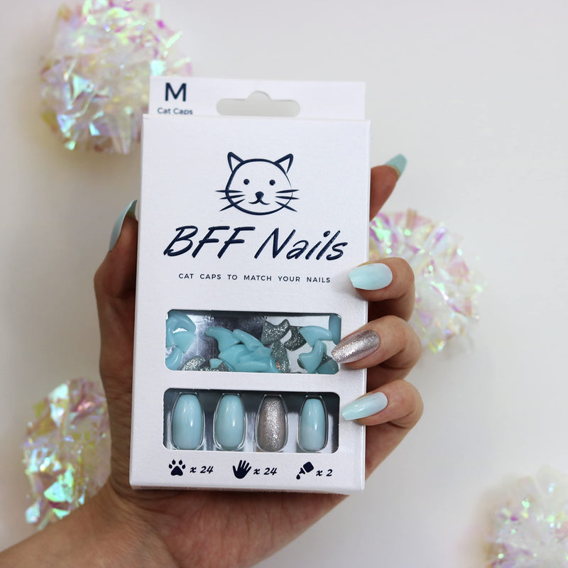 Cat Nail Caps for Cats with Matching Acrylic Press-On Nails for Humans (Medium, Light Blue with Silver Accent) Medium - PawsPlanet Australia