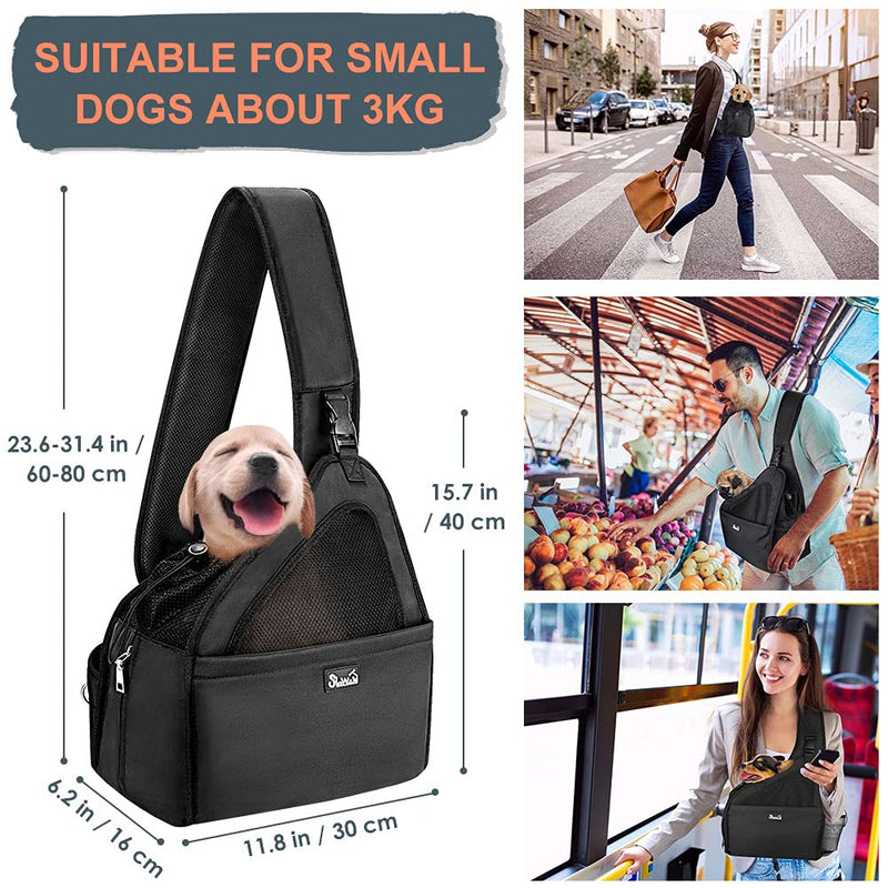 AUTOWT Small Animal Sling, Hands Free Papoose Small Dogs Cats Pet Puppy Travel Carrier Bag Tote Adjustable Padded Strap Breathable Mesh Hard Bottom Support Drawstring Opening Front Pocket Safety Belt For Pet Up to 6 lbs Black - PawsPlanet Australia