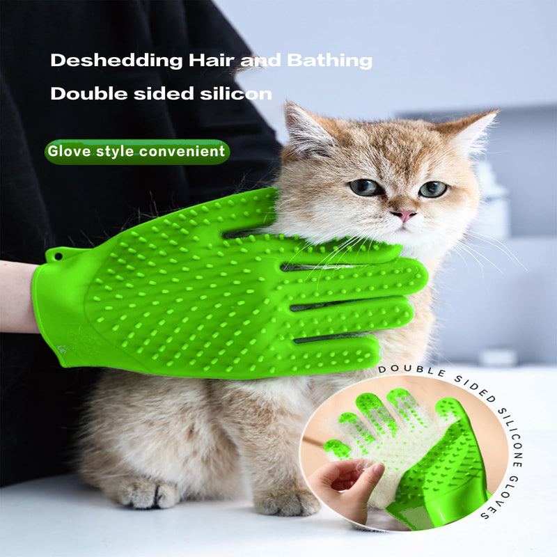 YOFANG Double-Side Pet Grooming Gloves, 4-in-1 Bathing Massage Hair Remover Brush, Anti-Slip Bite-Proof for Cat,Food Grade Silicone Deshedding Glove for Dogs Cats Horses Rabbits,Green-9" L (1 Pair) 9" L Green - PawsPlanet Australia