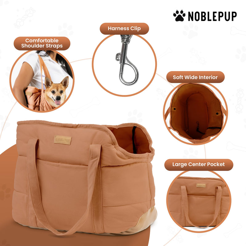NoblePup Plush Dog Purse Carrier for Small Dogs, Soft Dog Tote Bag with Safety Harness Clip, Cozy Pet Carrier for Dogs Under 15 lbs, Comfortable Shoulder Carrier for Travel, Brown 2.0