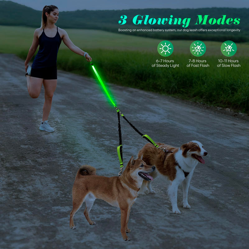 LED Double Dog Leash, No Tangle 360° Swivel Heavy Duty Dog Walking Leash with Two Padded Handles for Two Dogs (Green) Green - PawsPlanet Australia
