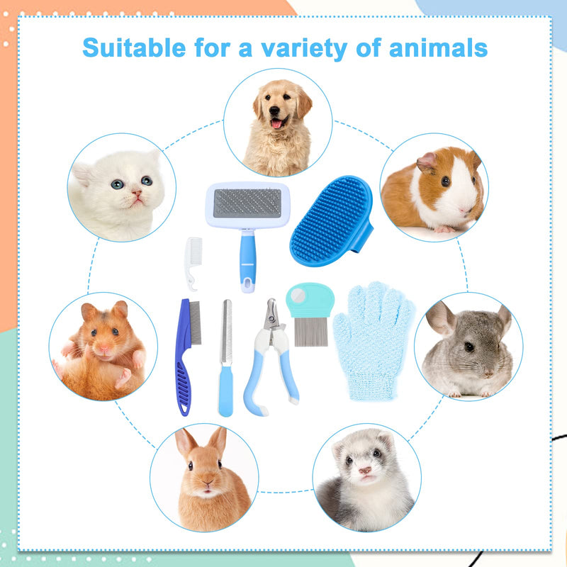 VCZONE Small Animal Grooming Set: Pet Nail Clipper & File, Flea Comb, Shampoo Brush, Shedding Slicker Brush, Massage Glove, Cleaning Comb (Blue) Blue - PawsPlanet Australia