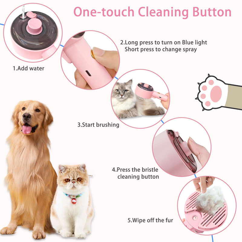 Cat Steam Brush For Shedding, Steamy Dog Grooming Brush With 2-Speed Spray, Blue Light And Release Button, Rechargeable Water Pet Hair Brushes Wet Self Cleaning Cat Spa Brush Cat Comb (Pink) Pink - PawsPlanet Australia