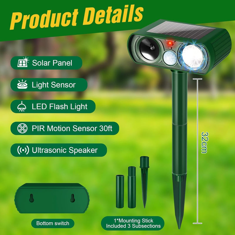 Ultrasonic Cat Deterrent Outdoor, Solar Powered Deterrent with Motion Sensor and Flashing Lights Solar Farm Garden Yard Device,Dogs,Cats,Birds - PawsPlanet Australia